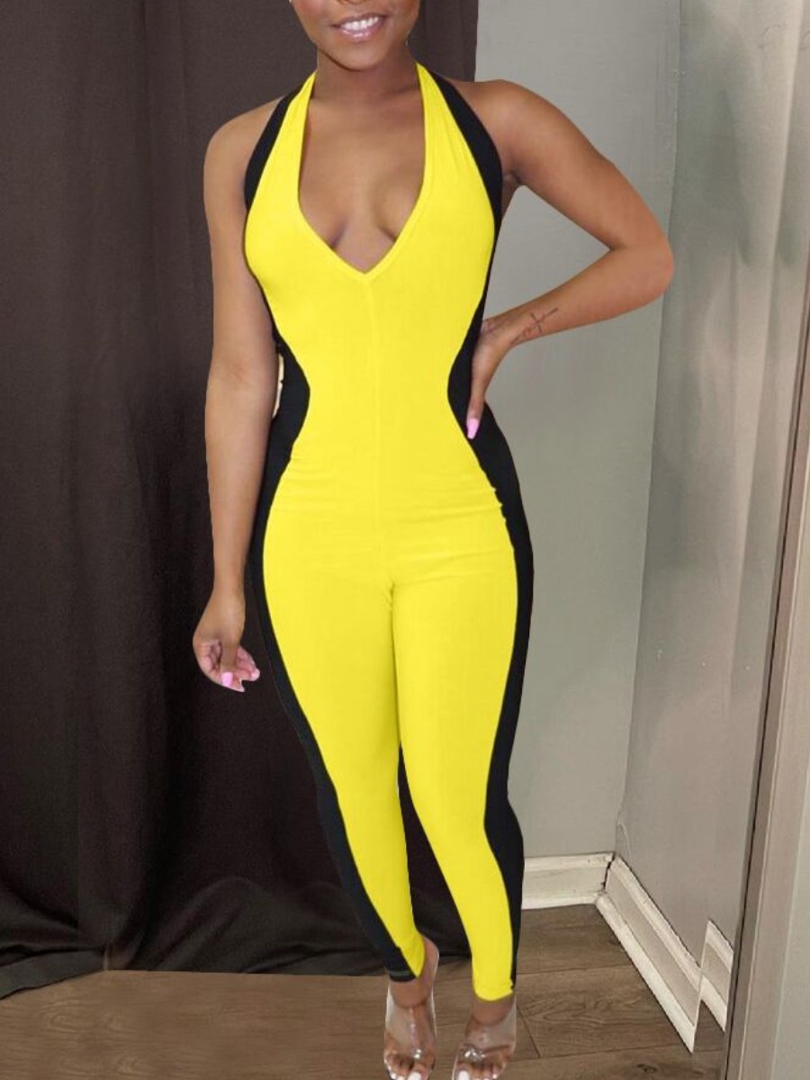 

LW Backless Color-lump Jumpsuit, Yellow