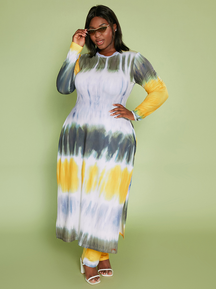 

LW Plus Size Tie-dye High Split Pants Set, Yellow