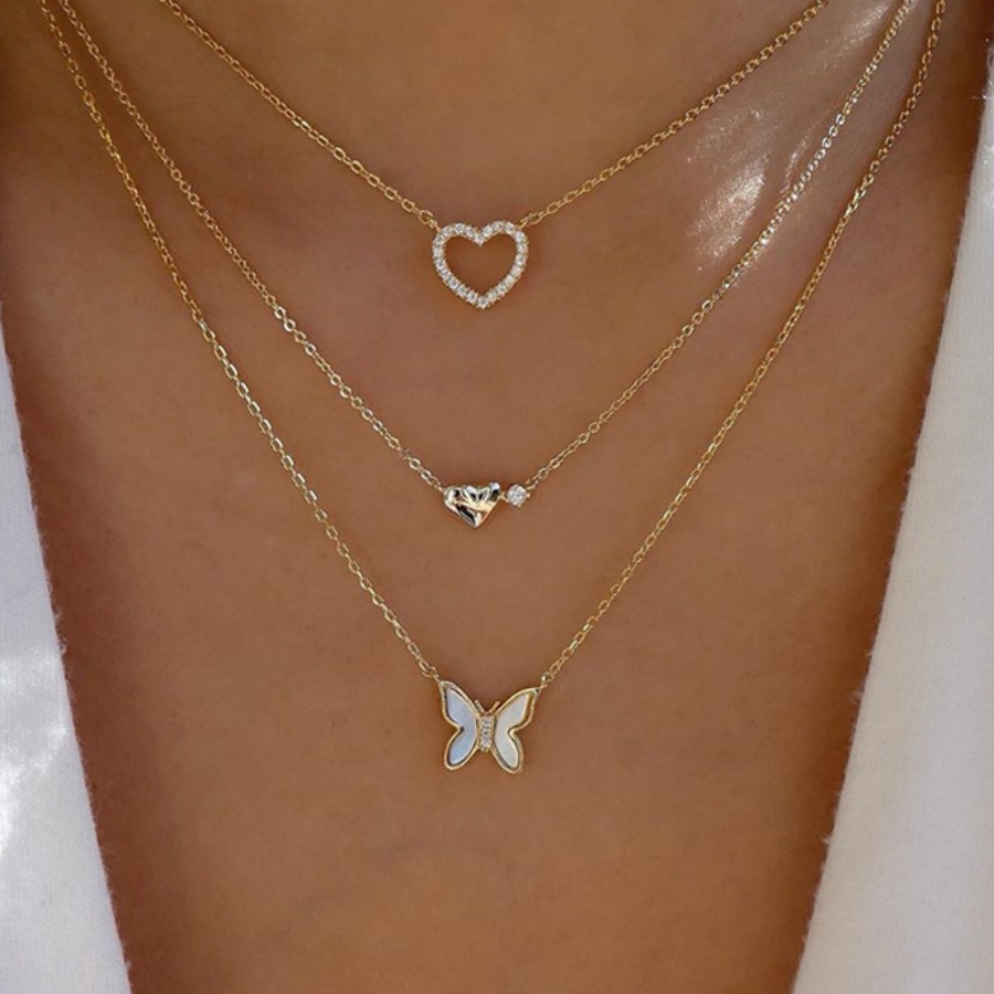 

LW Heart Butterfly Decoration Multilayer Necklace, Gold