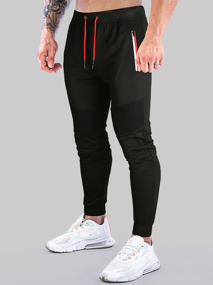 

LW COTTON Men Drawstring Zipper Design Pants, Black