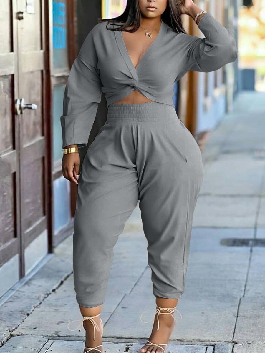 

LW V Neck Twist Front Pants Set, Grey