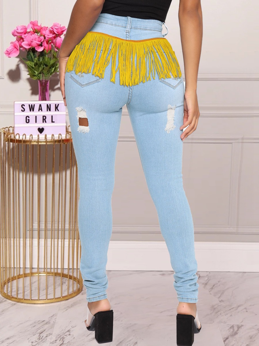 

LW High Stretchy Ripped Tassel Design Jeans, Baby blue
