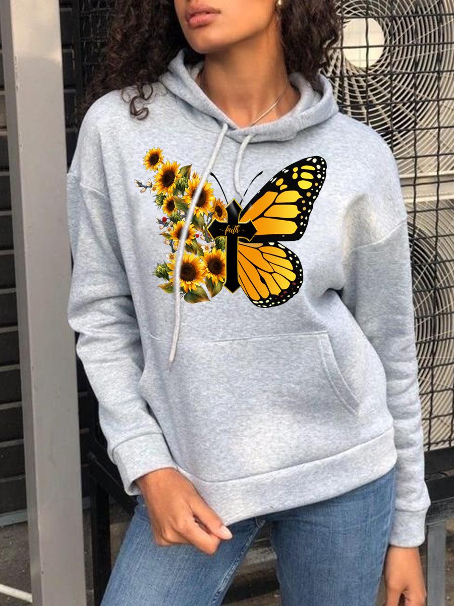 

LW BASICS Floral Butterfly Print Hoodie, Grey