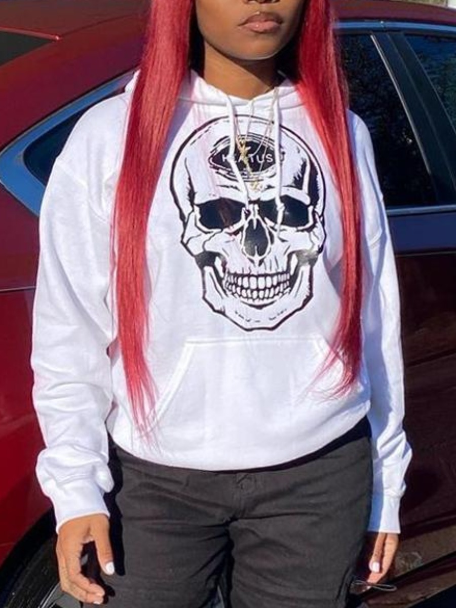 

LW BASICS Skull Head Print Kangaroo Pocket Hoodie, White