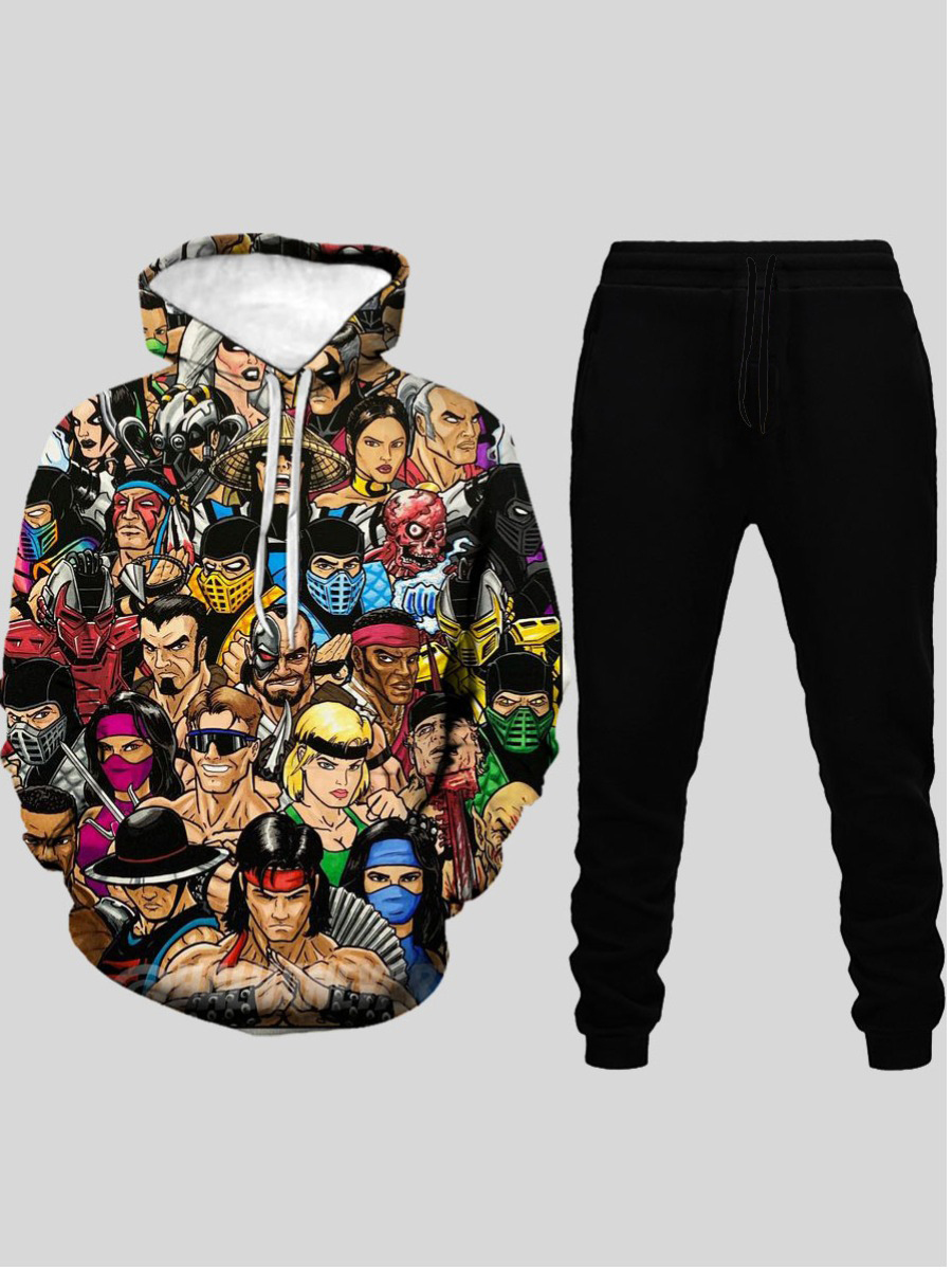 

LW Men Cartoon Print Drawstring Sweatsuit Set, Black