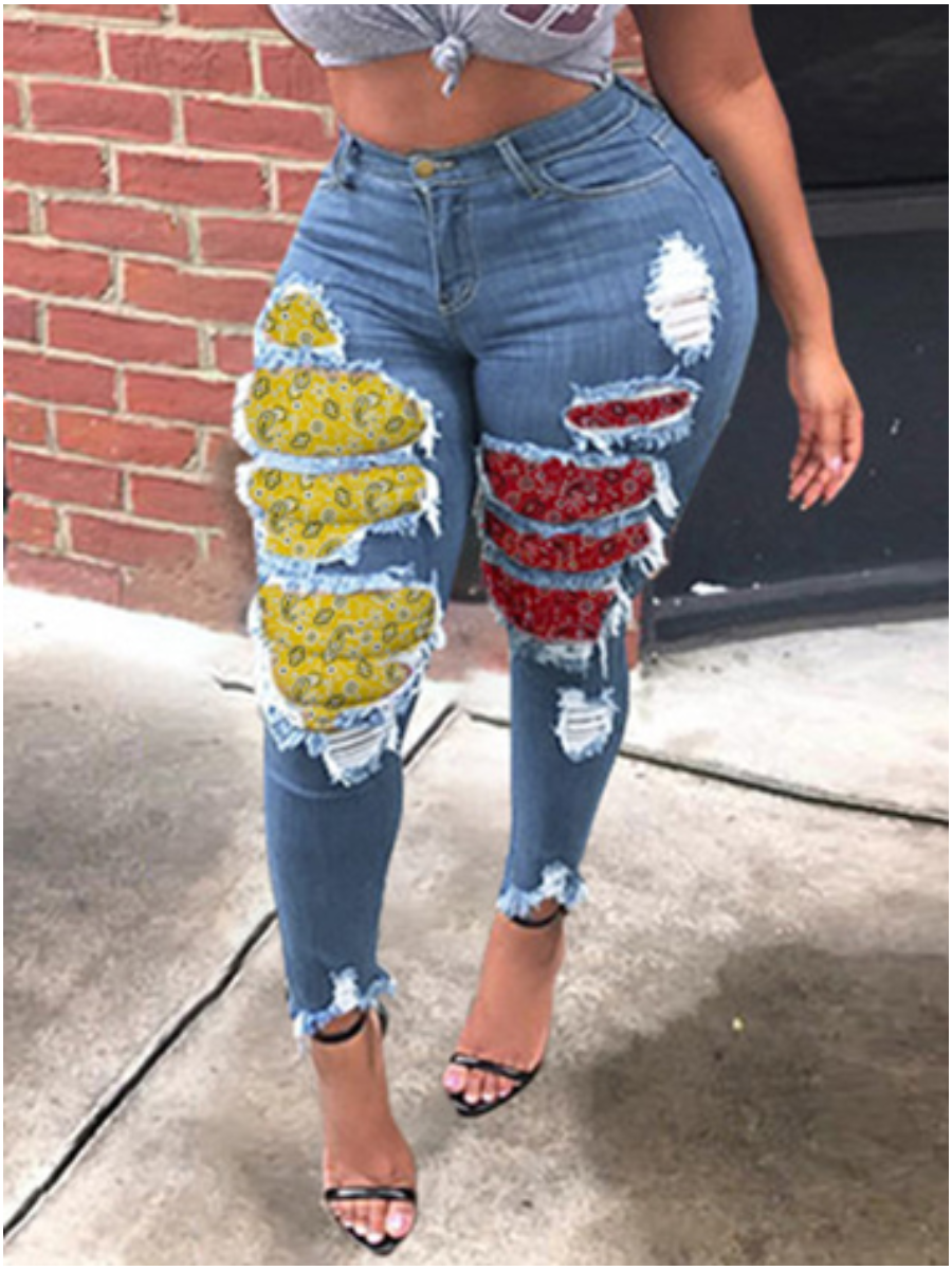 

LW Plus Size High Stretchy Cashew Print Ripped Jeans, Blue