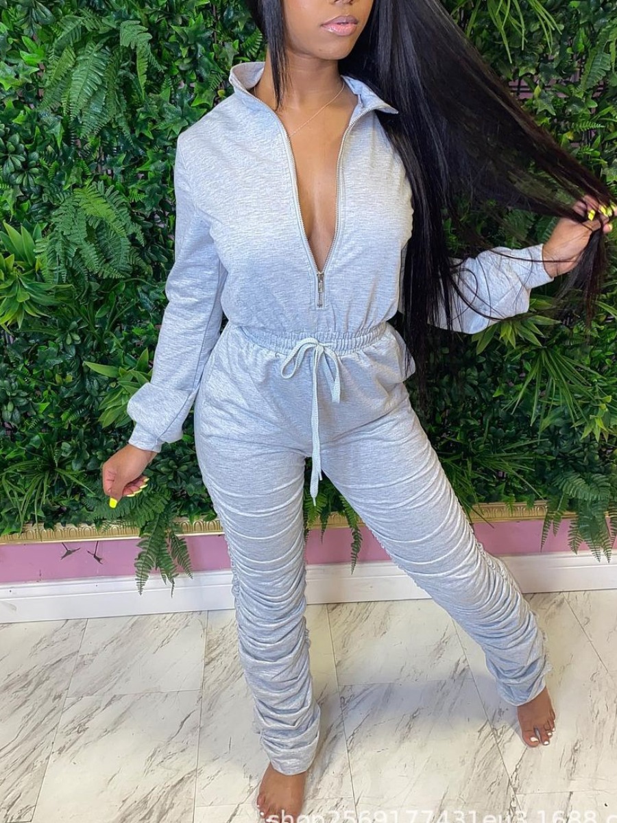 LW Drawstring Stacked Jumpsuit, Grey