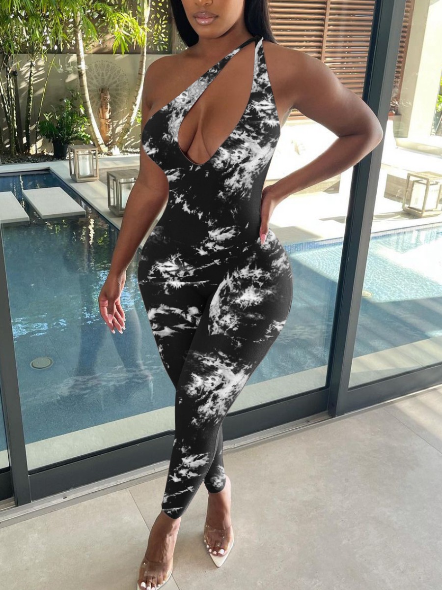 

LW SXY One Shoulder Tie-dye Hollow-out Jumpsuit, Black