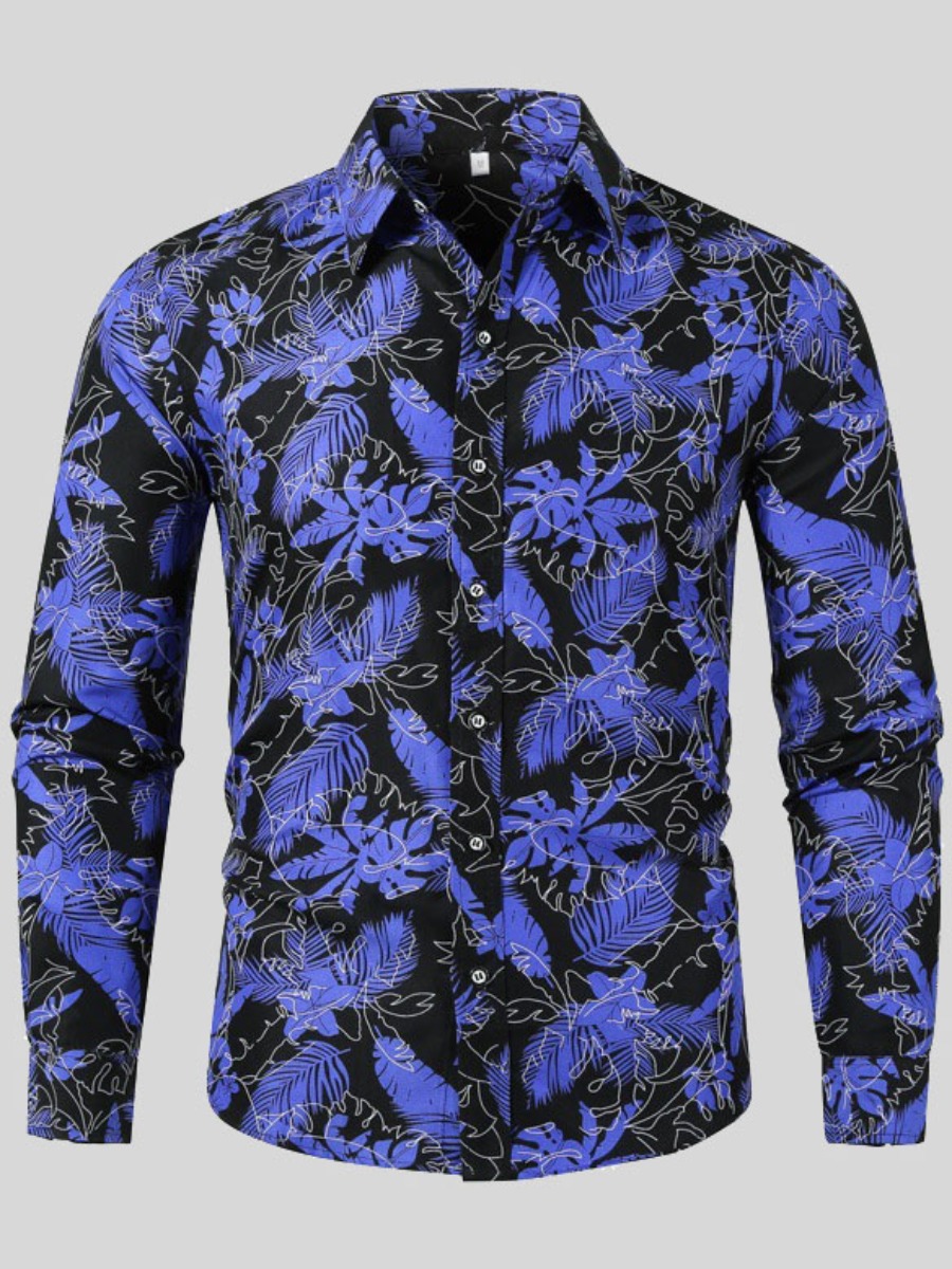 

LW COTTON Men Turndown Collar Floral Print Shirt, Blue
