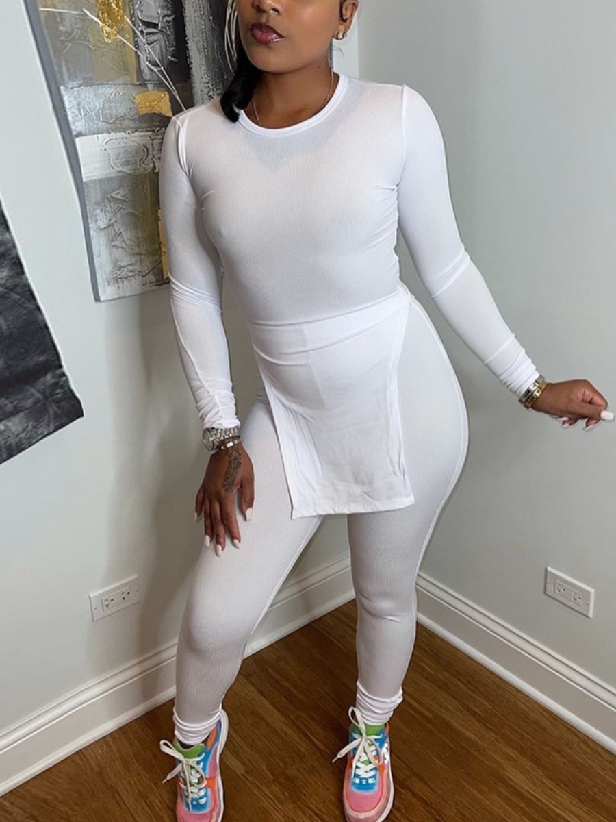 LW Round Neck Slit Pants Set, White