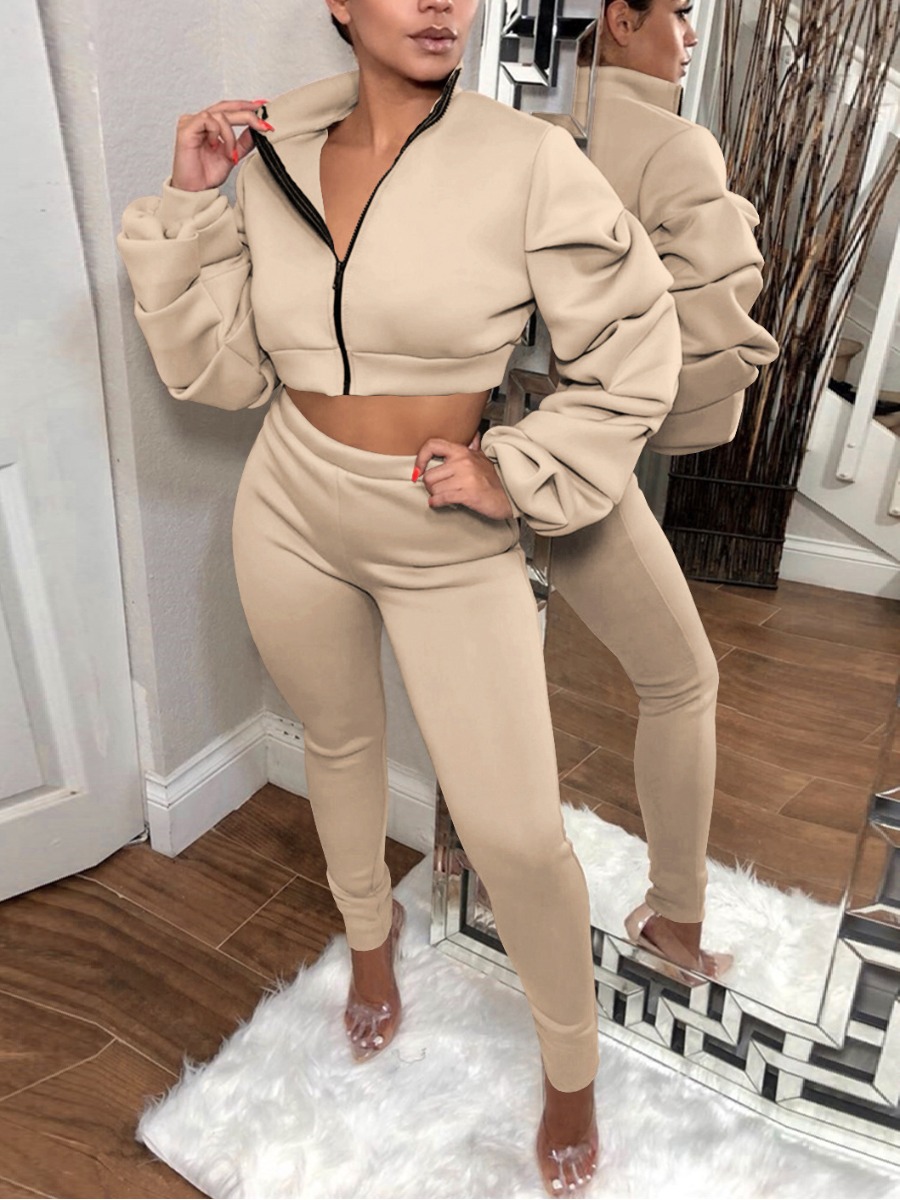 

LW Fold Design Crop Top Tracksuit Set, Apricot