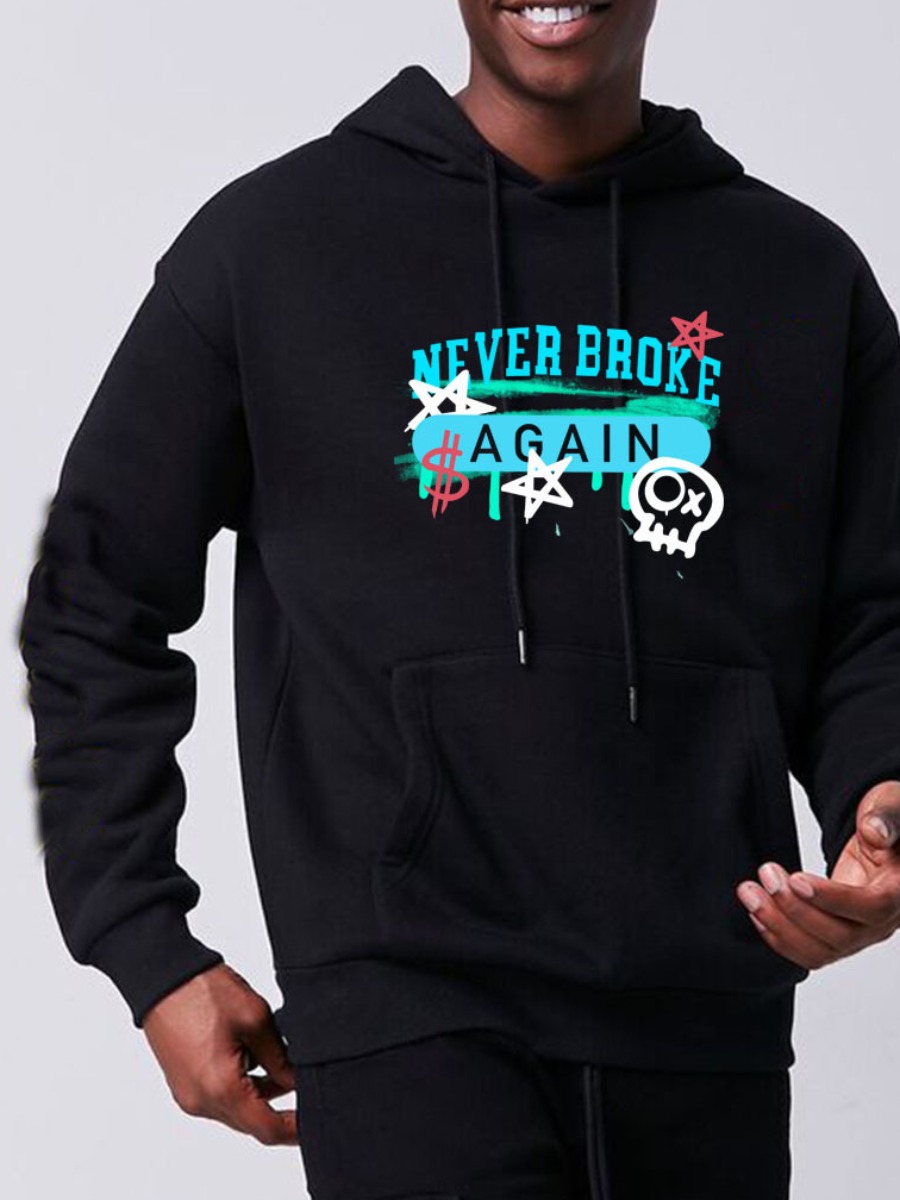 

LW Men Letter Print Kangaroo Pocket Hoodie, Black