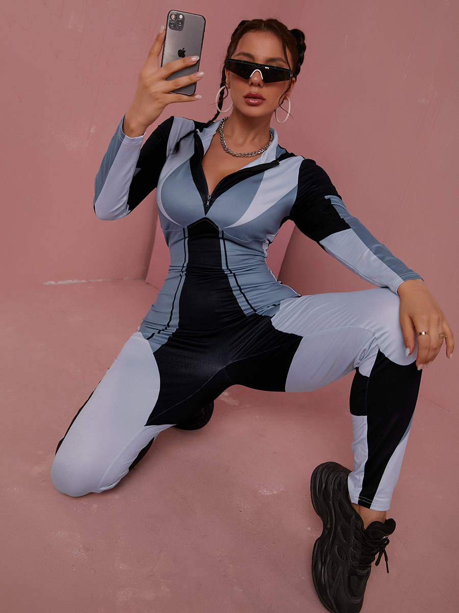 LW Half A Turtleneck Color-lump Jumpsuit