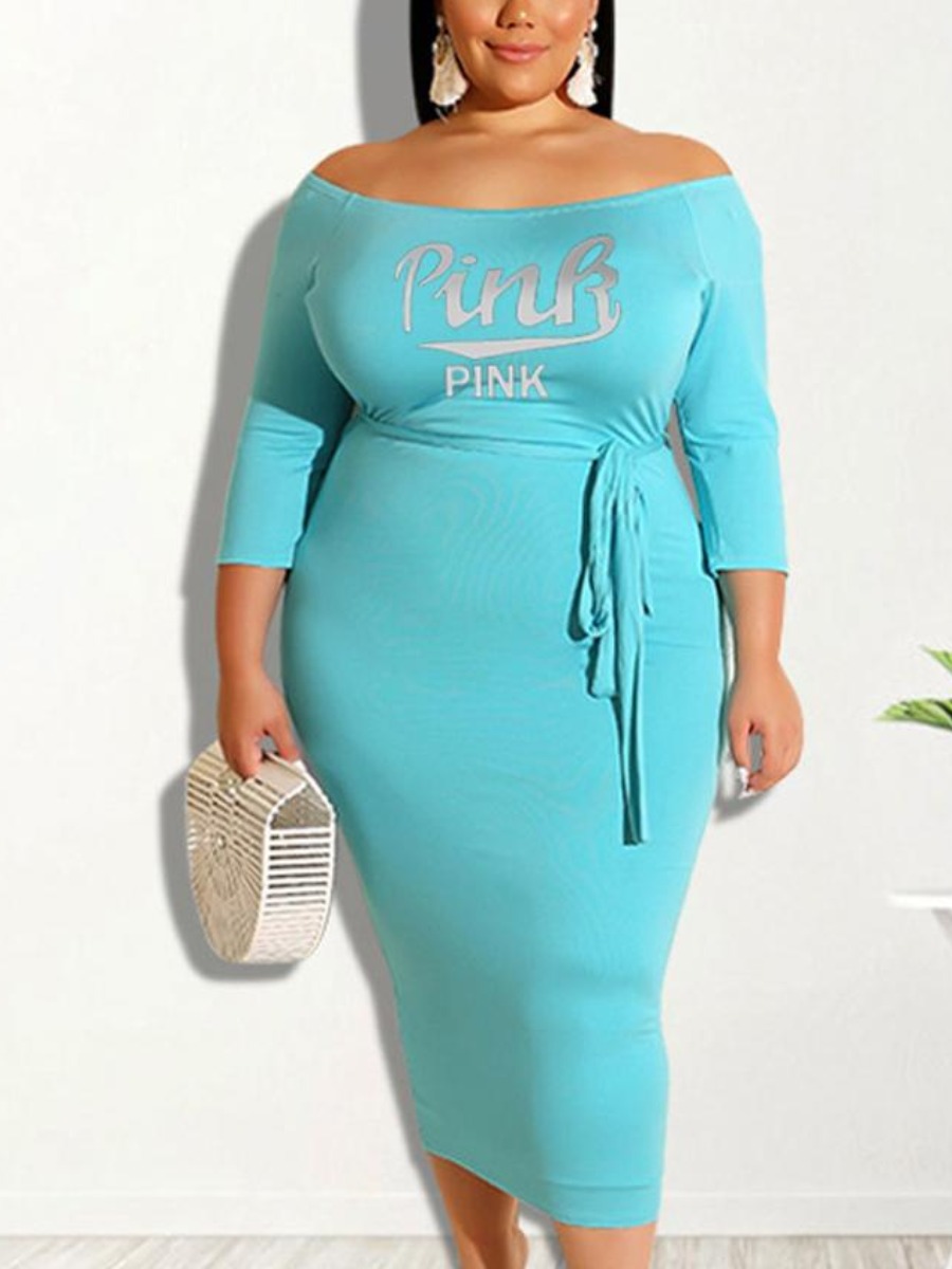 

Lovely Plus Size Off The Shoulder Letter Print Bodycon Dress, Blue