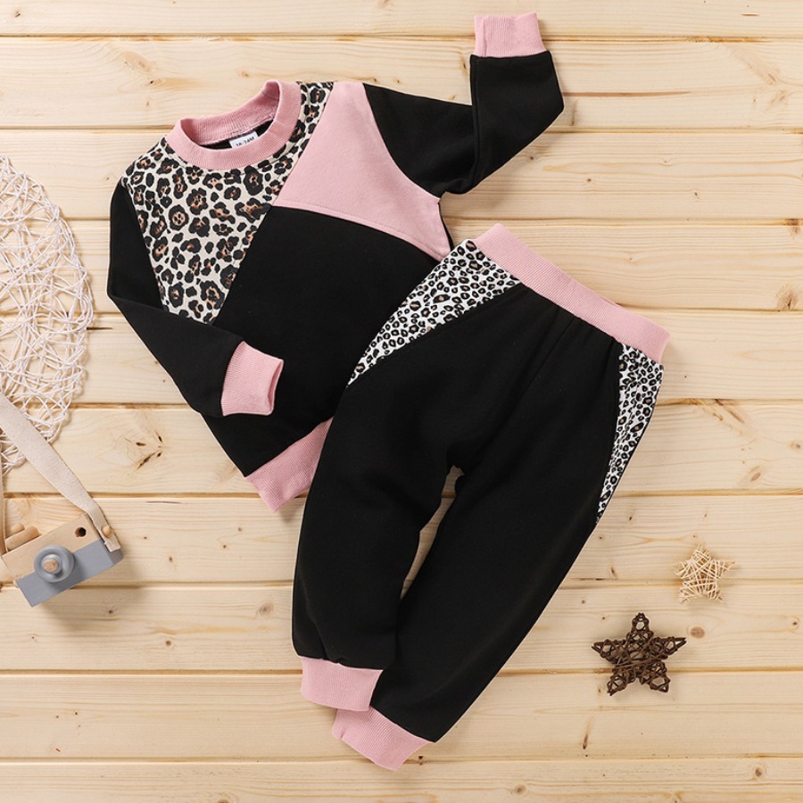 

LW COTTON Girl Leopard Print Patchwork Tracksuit Set, Pink
