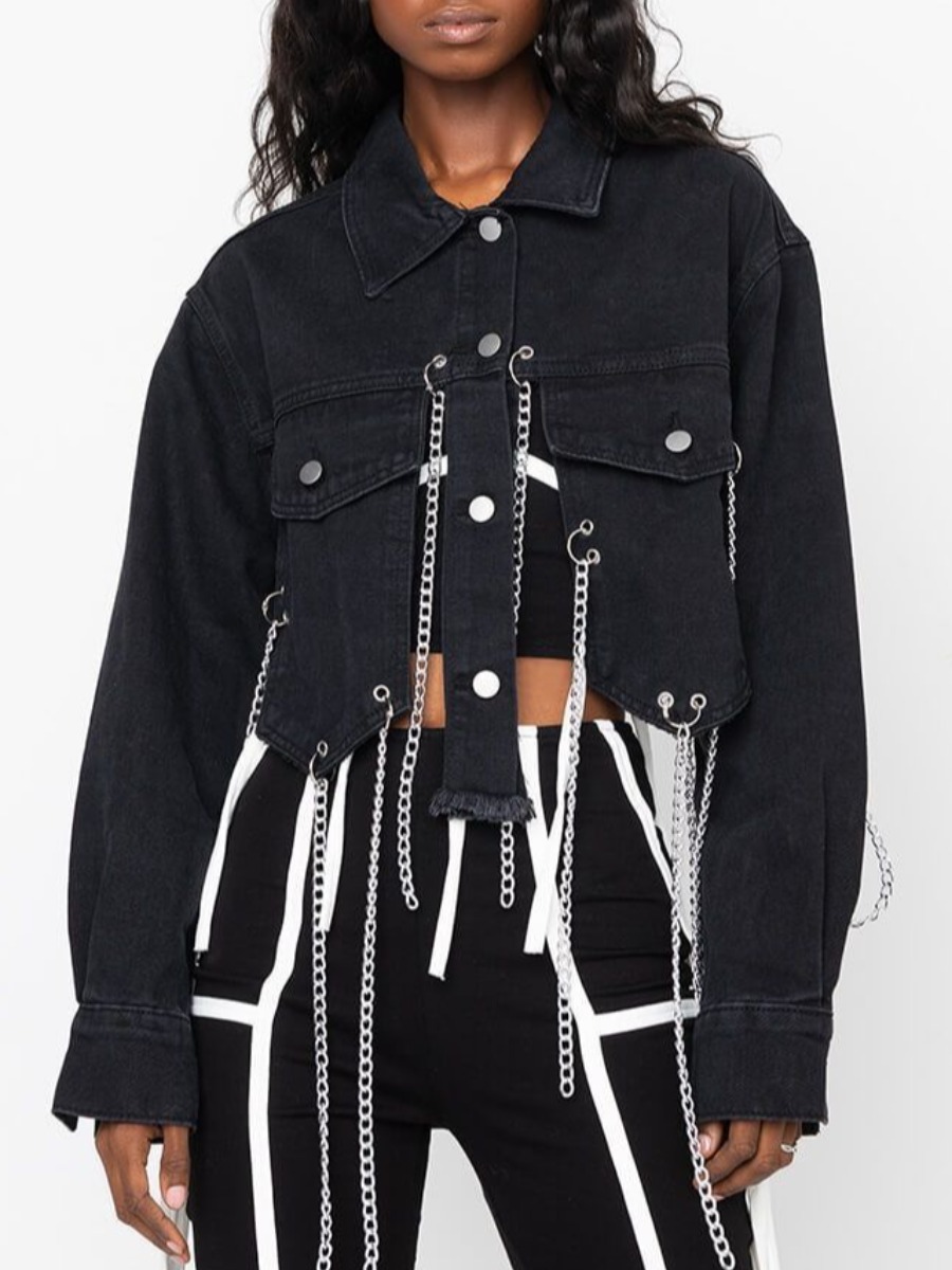 

LW Backless Chain Decoration Denim Jacket (No Stretch), Black
