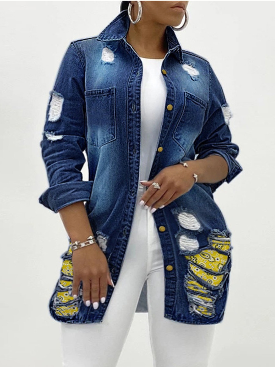 

LW Plus Size Cashew Print Ripped Denim Jacket, Deep blue