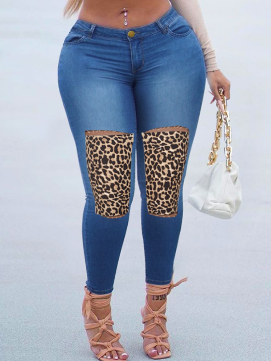 

LW Plus Size Stretch Leopard Print Ripped Jeans, Blue