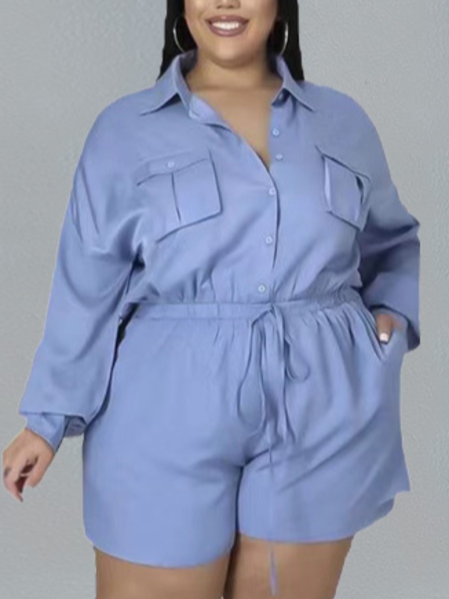 

LW Plus Size Button Design Drawstring Romper, Blue