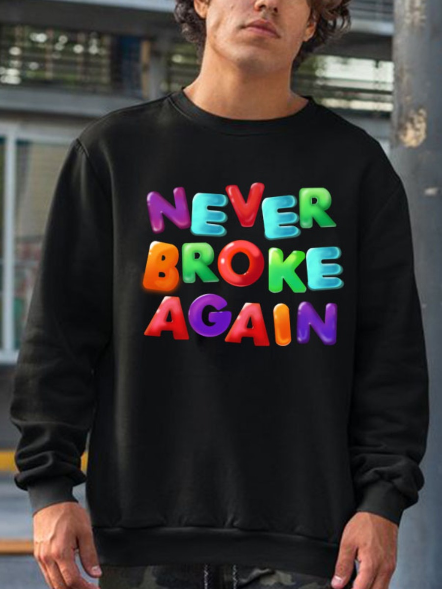 

LW Men Round Neck Letter Print Sweatshirt, Black