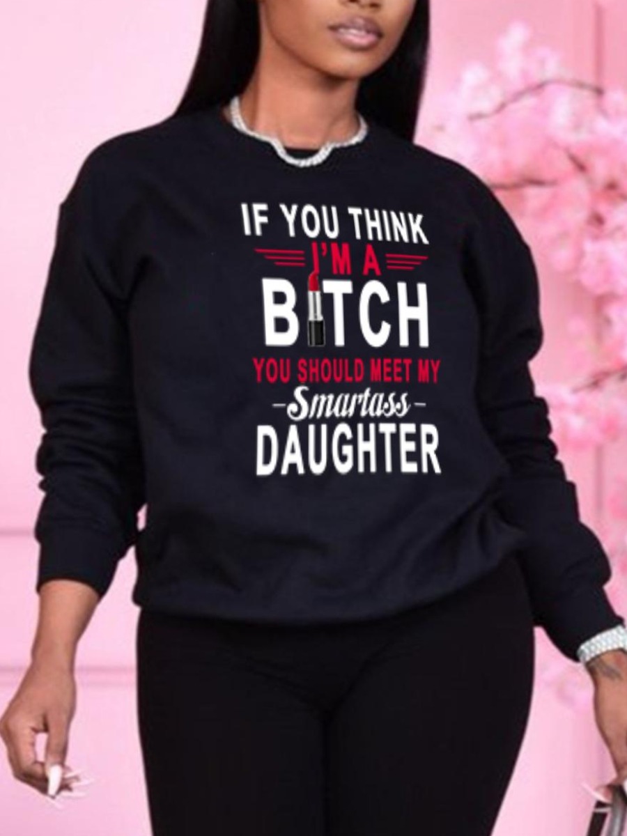 

LW Round Neck Letter Print Sweatshirt, Black