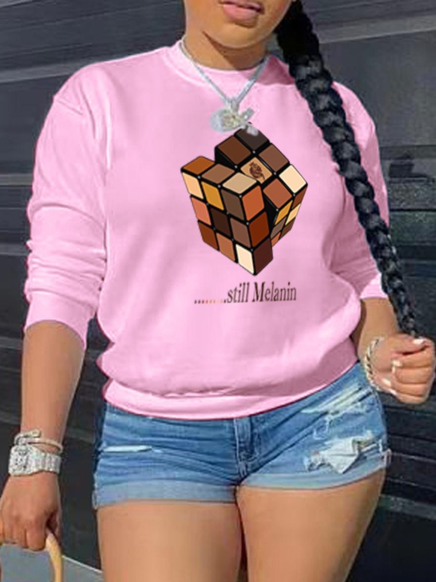 

LW Letter Rubiks Cube Print Sweatshirt, Pink