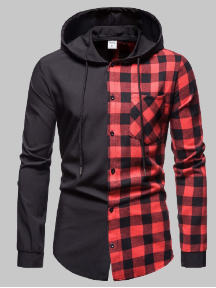 

LW Men Hooded Collar Plaid Print Shirt, Red