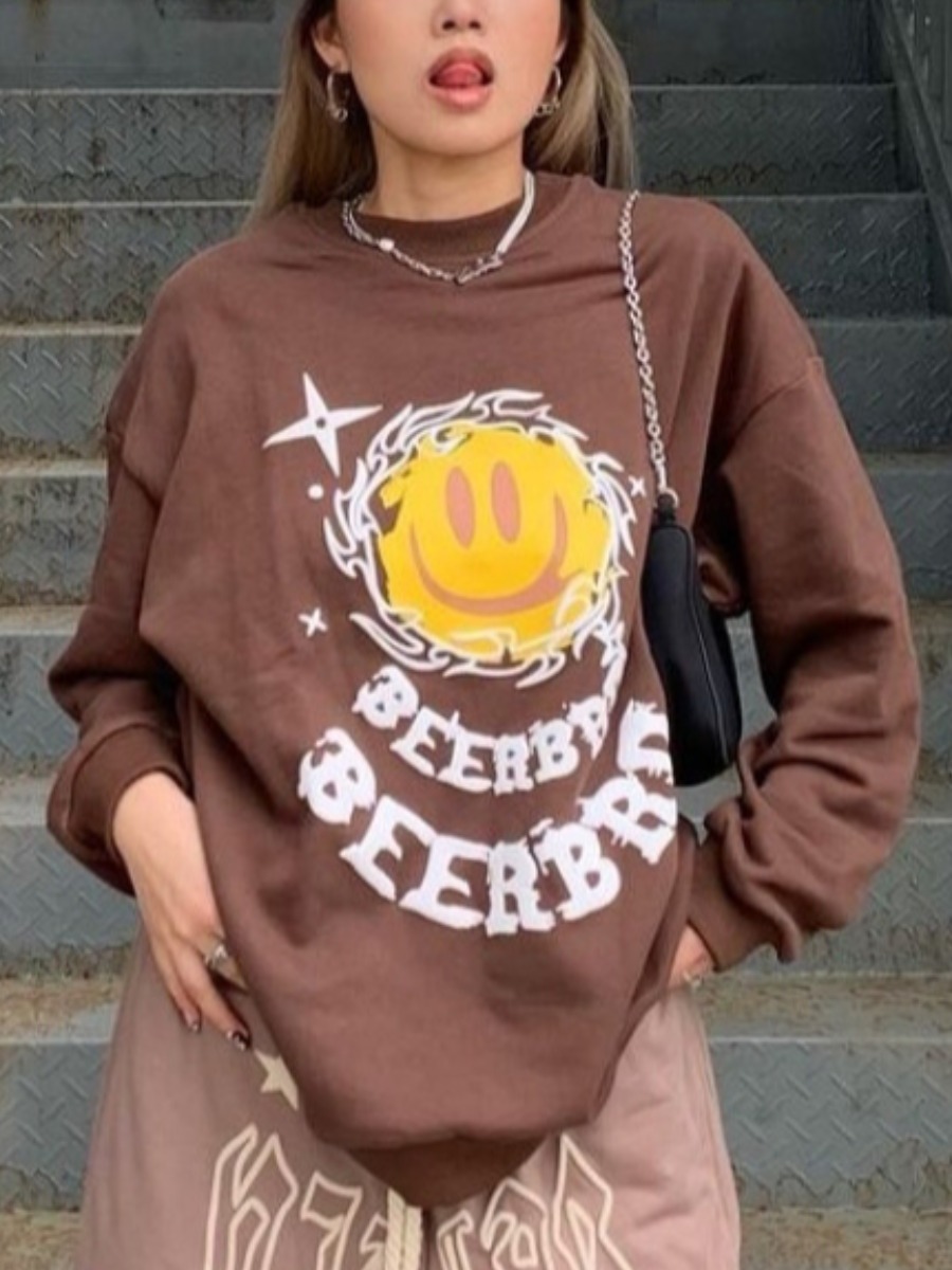 

LW Sun Letter Print Oversized Sweatshirt, Brown