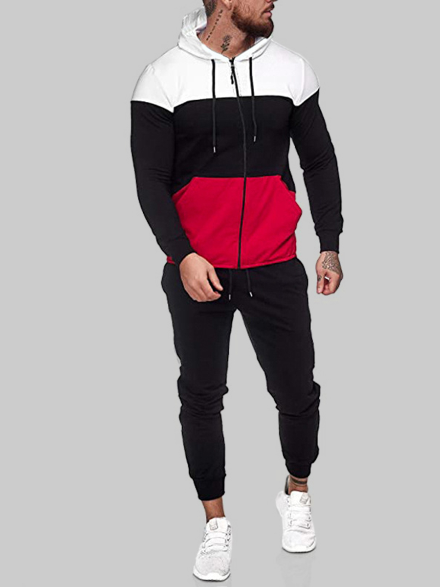 

LW COTTON Men Color-lump Patchwork Kangaroo Pocket Tracksuit Set, Black