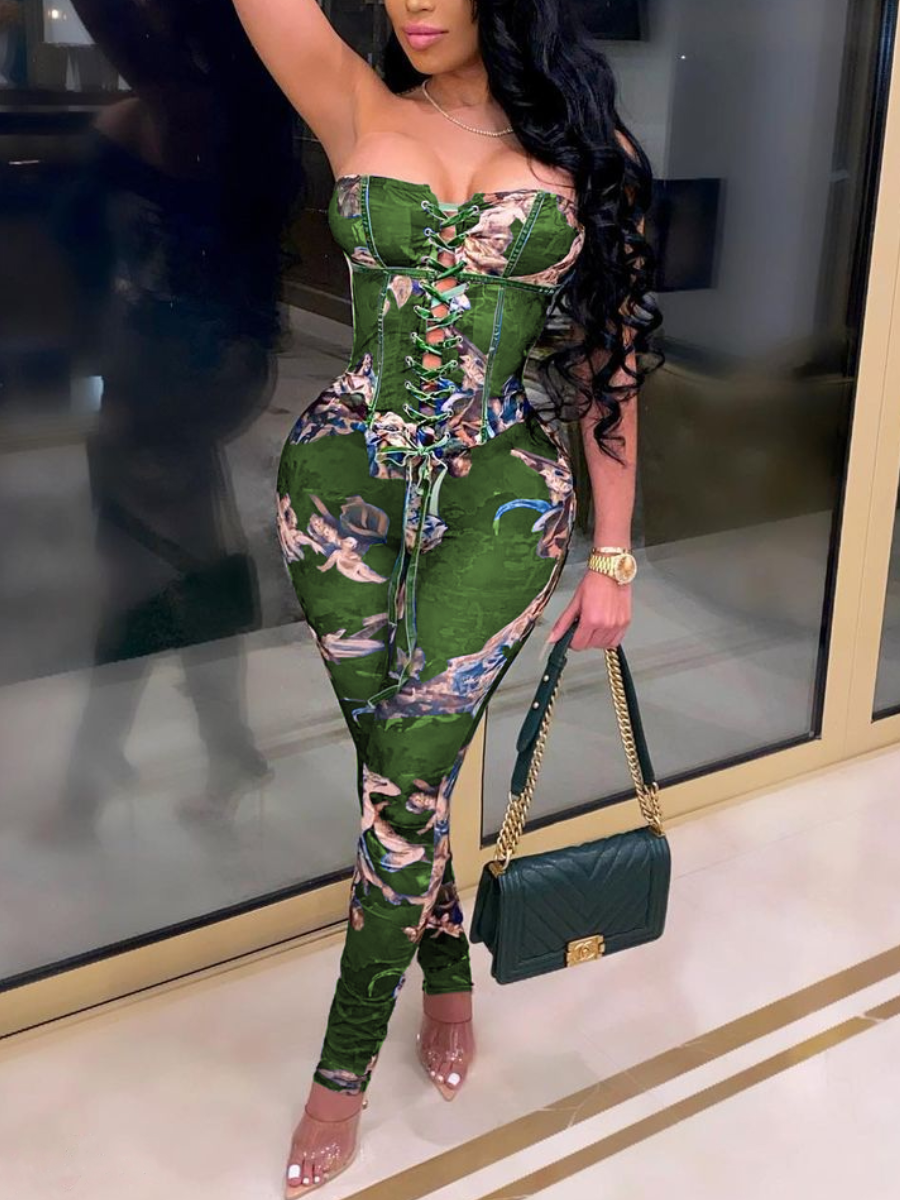 LW SXY Off The Shouder Bandage Design Print Green Two Piece Pants Set