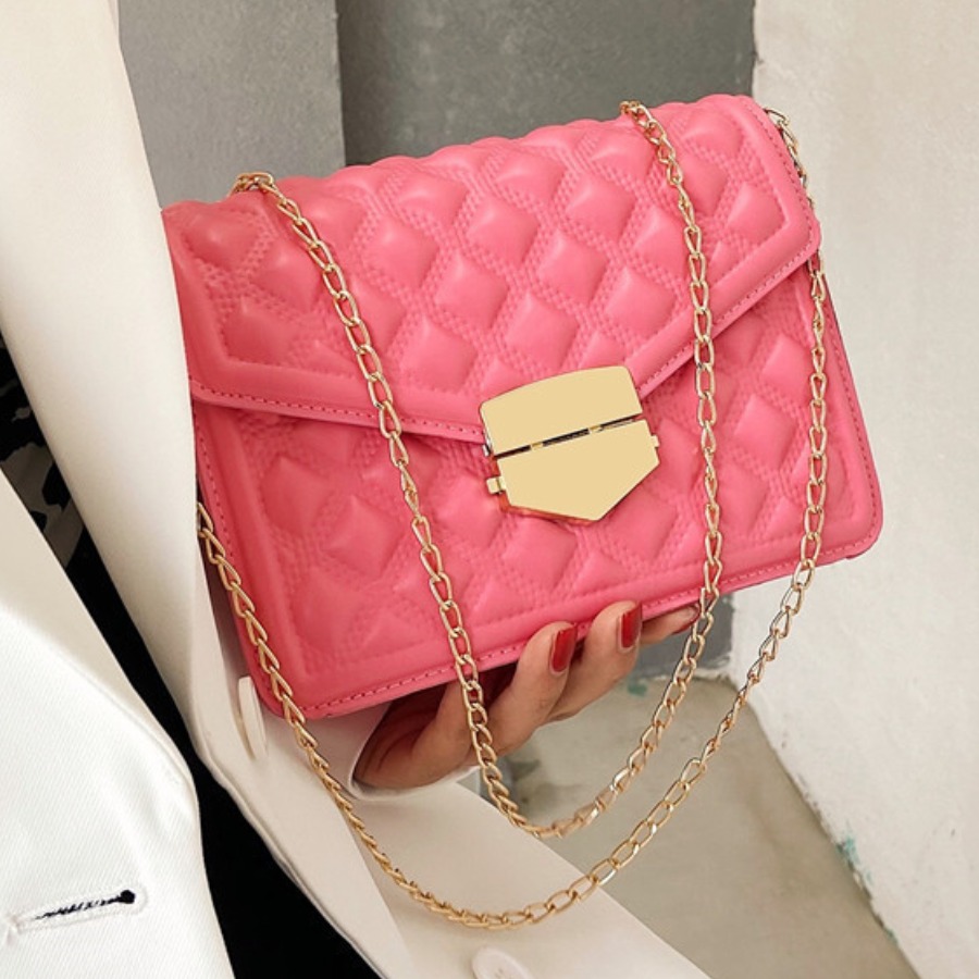 

LW Metallic Lock Chain Strap Crossbody Bag, Rose red