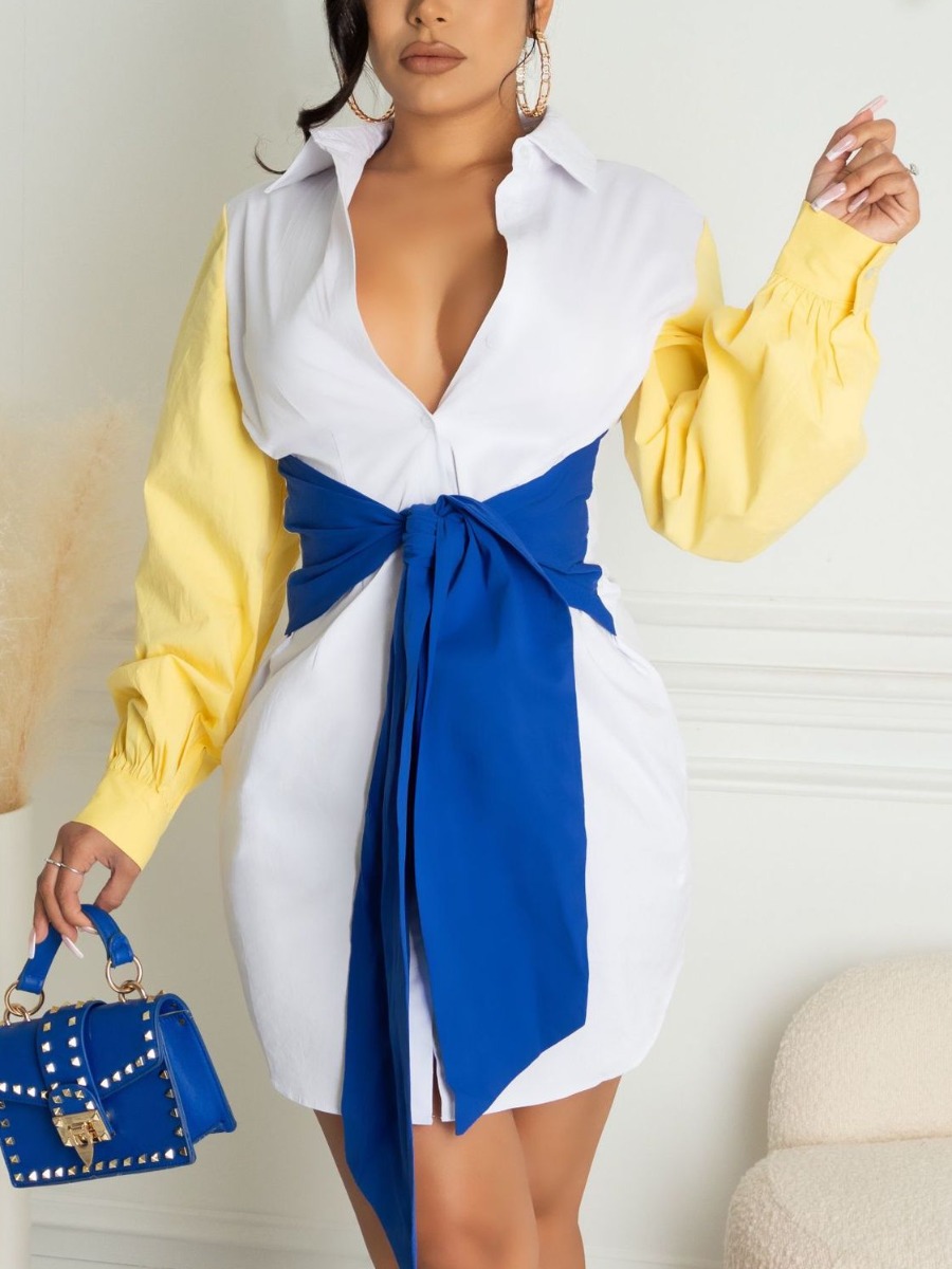 

LW Color-lump Bandage Design Shirt Dress, White