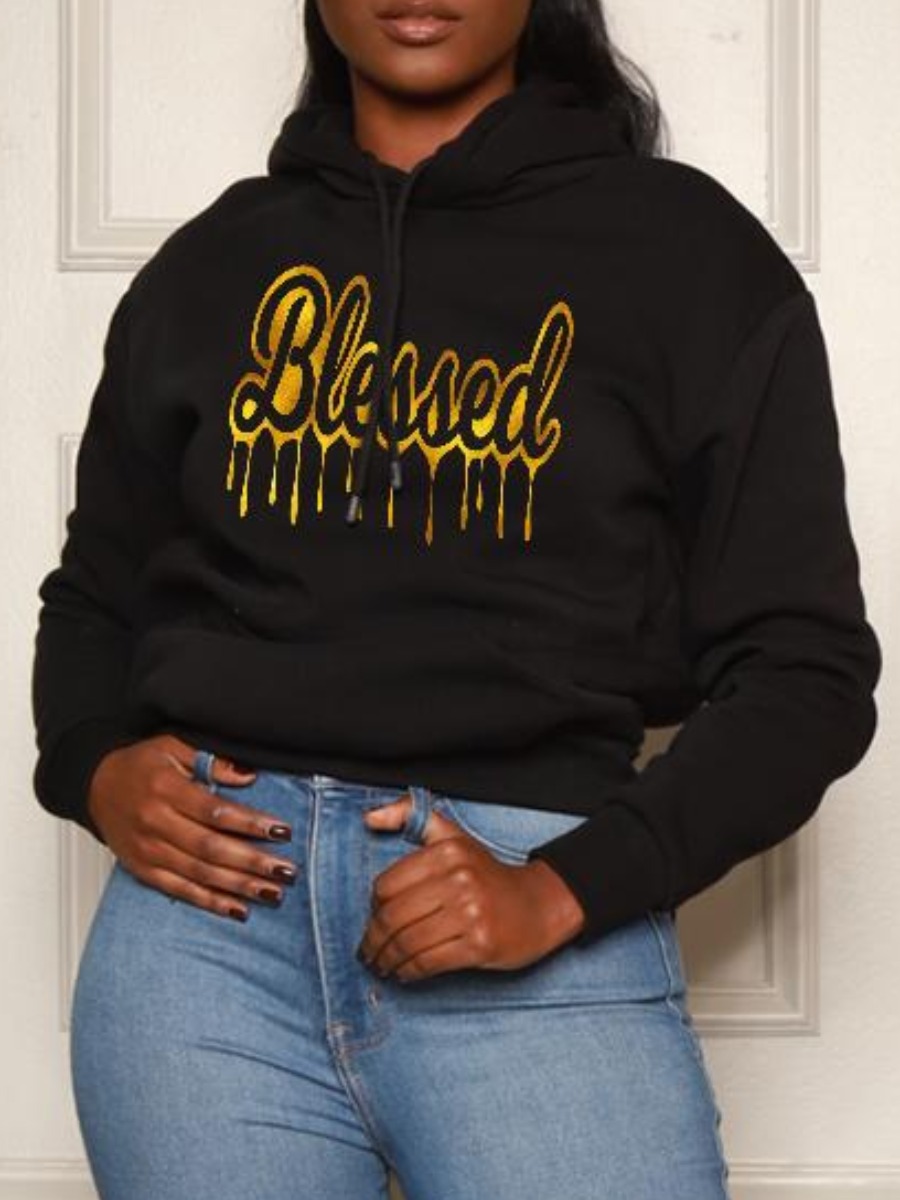 

LW Letter Print Kangaroo Pocket Hoodie, Black