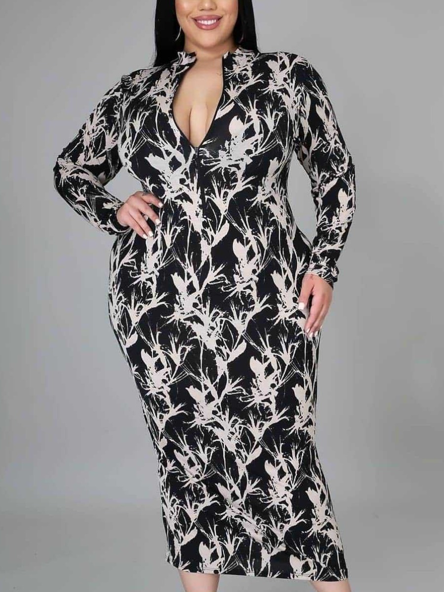

LW Plus Size V Neck Floral Print Bodycon Dress, Black and white