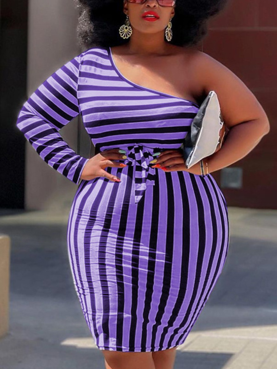 

LW Plus Size Striped Bandage Design Bodycon Dress, Purple stripes