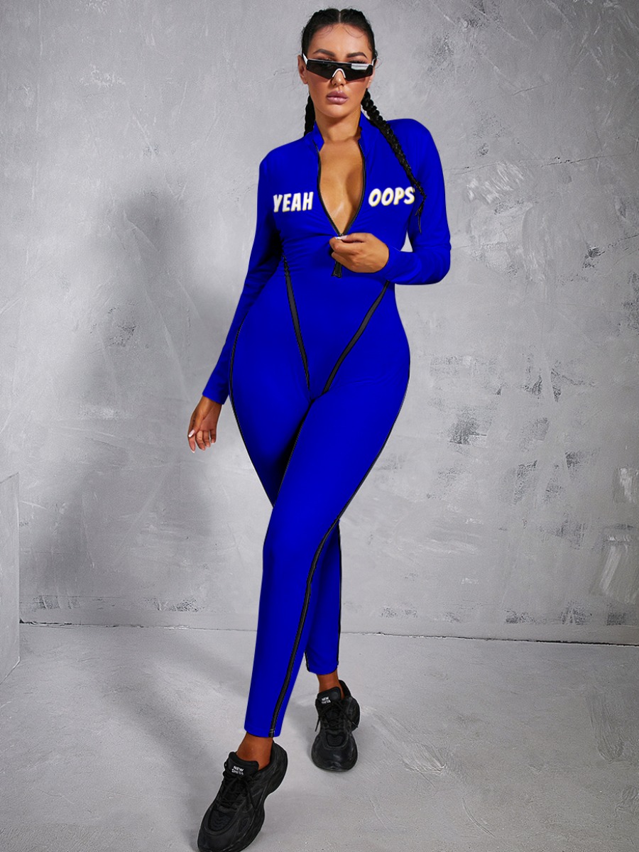 

LW BASICS Letter Print Zipper Design Skinny Jumpsuit, Blue