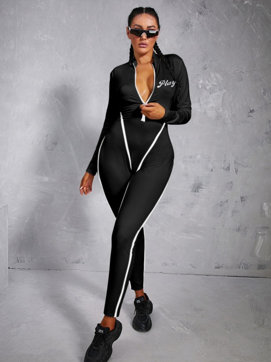 

LW Letter Print Zipper Design Striped Jumpsuit, Black