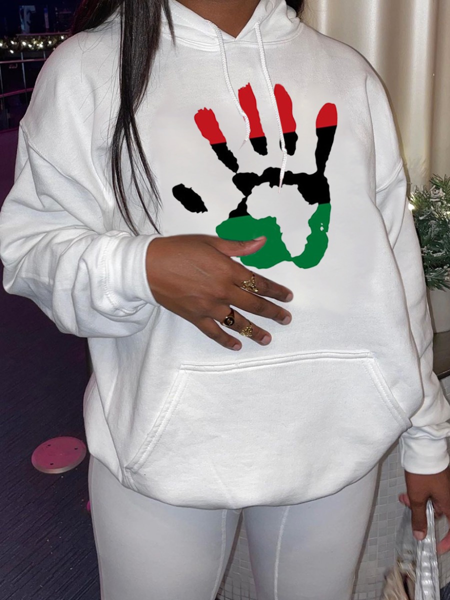 LW Palm Print Kangaroo Pocket Hoodie, White