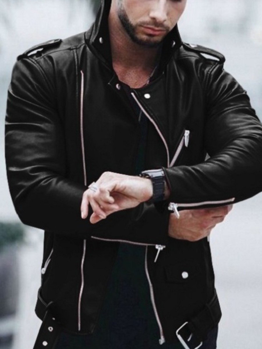 

LW Men Metal Accessories Decor Zipper Design Jacket, Black