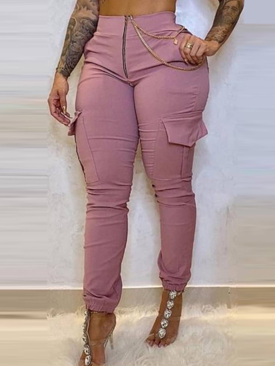 

LW BASICS Chain Decor Pocket Design Pants, Pink