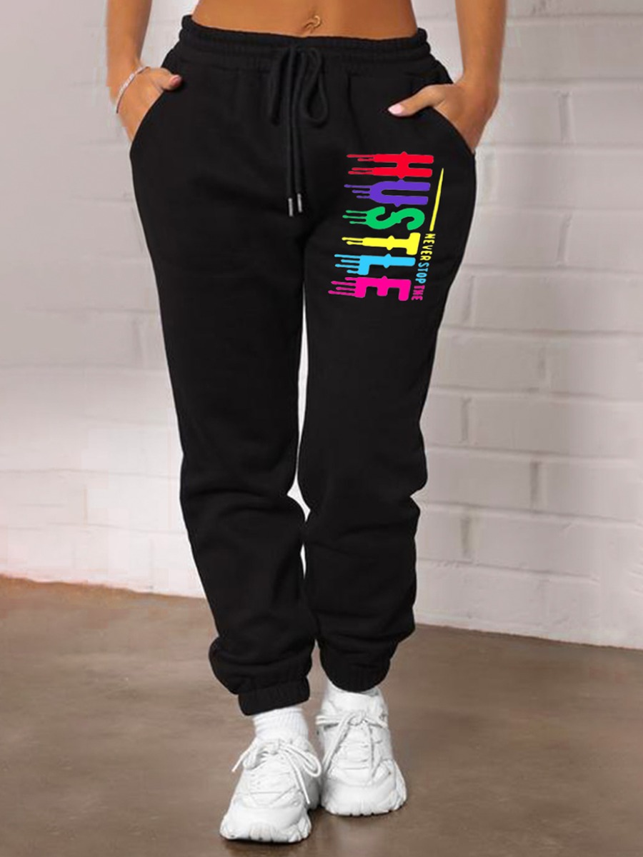 

LW Plus Size Letter Print Drawstring Pants, Black