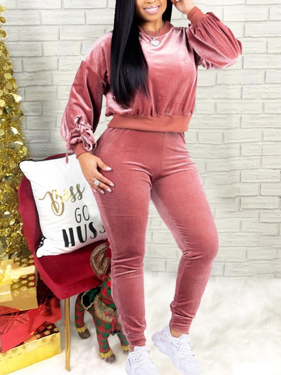 

LW Plus Size Round Neck Bandage Design Pants Set, Pink