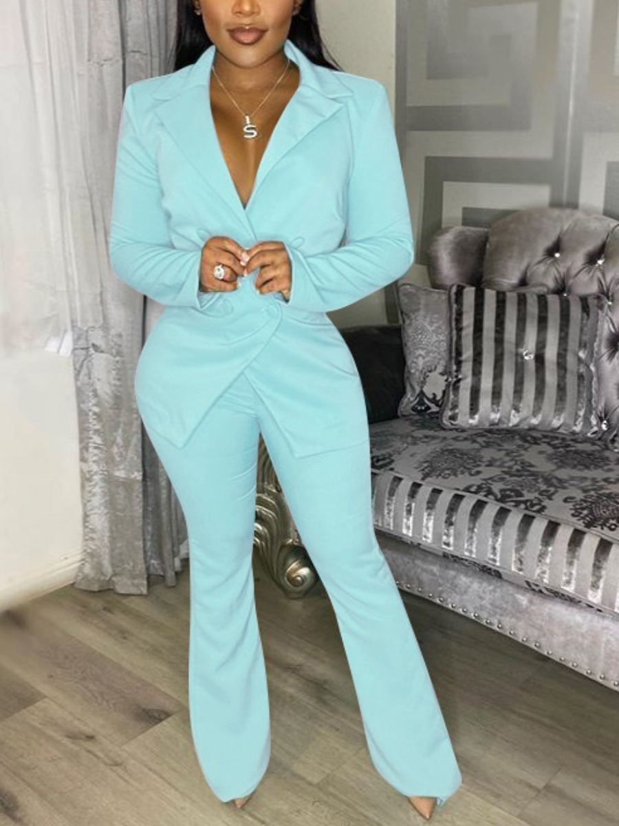 

LW Tuwndown Collar Flared Blazer Pant Set, Cyan