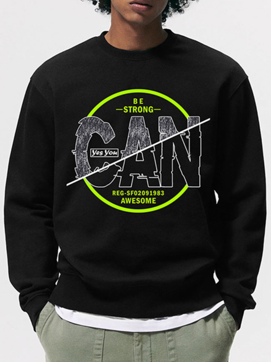 

LW Men Round Neck Letter Print Sweatshirt, Black