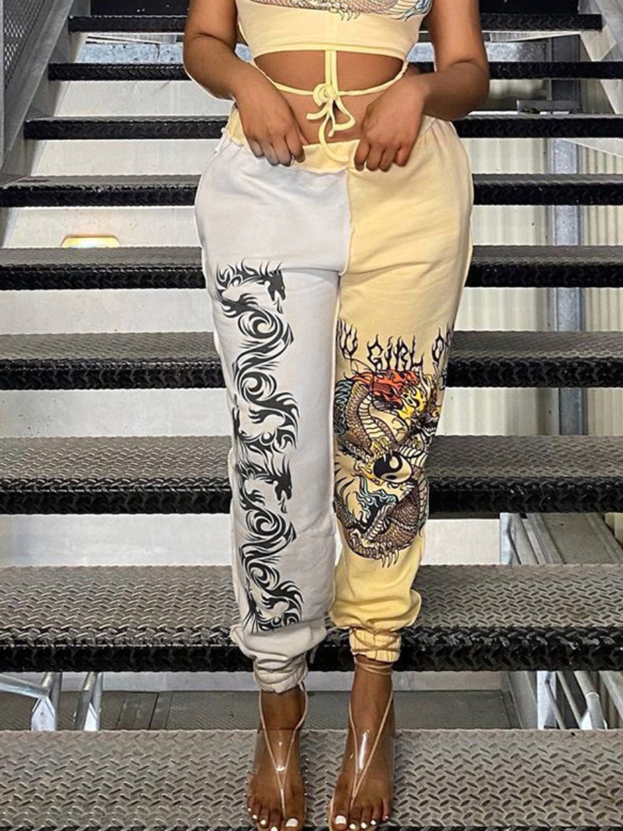 

LW Dragon Print Patchwork Loose Pants, Yellow