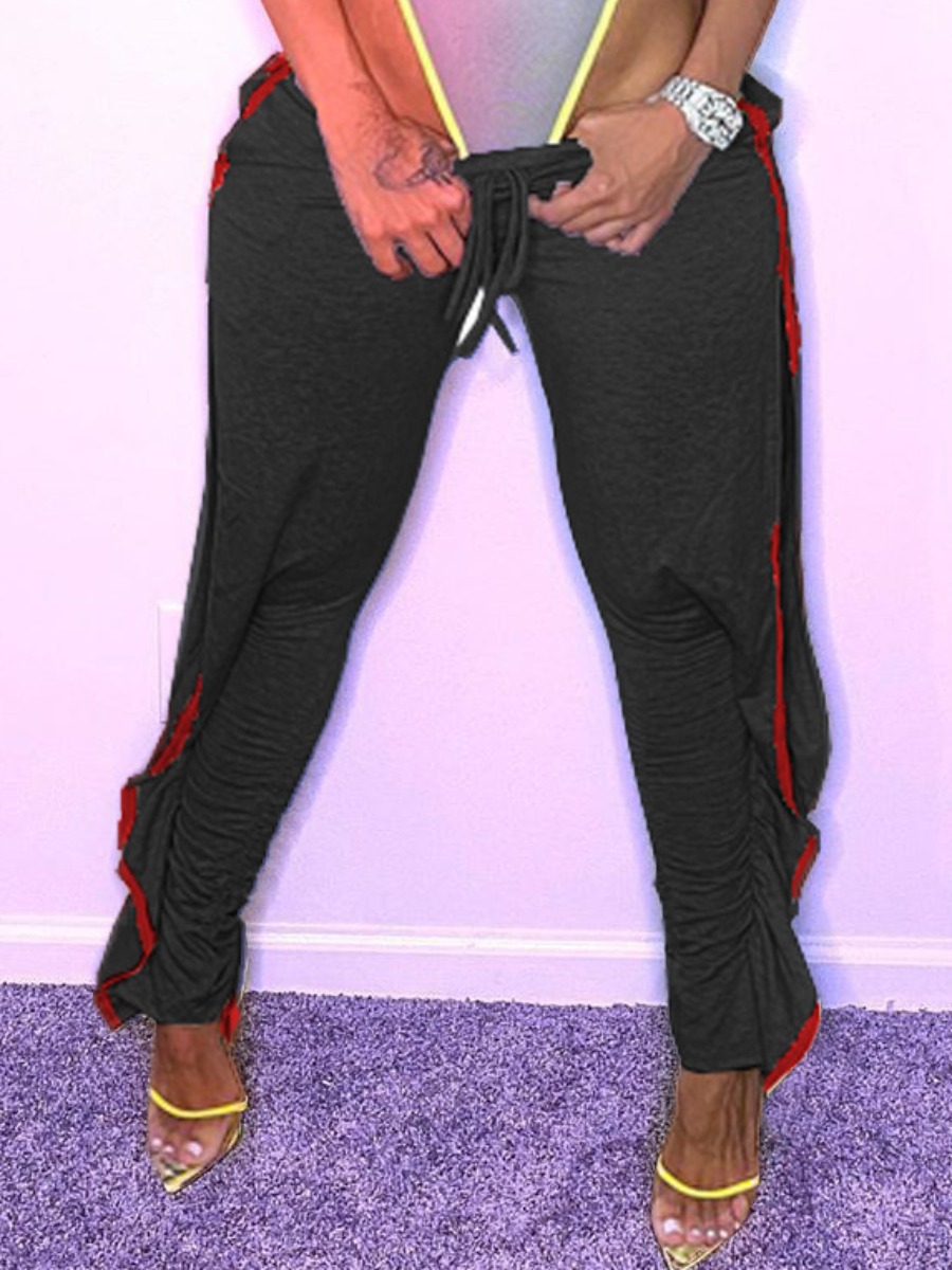 

LW BASICS Flounce Design Striped Pants, Black