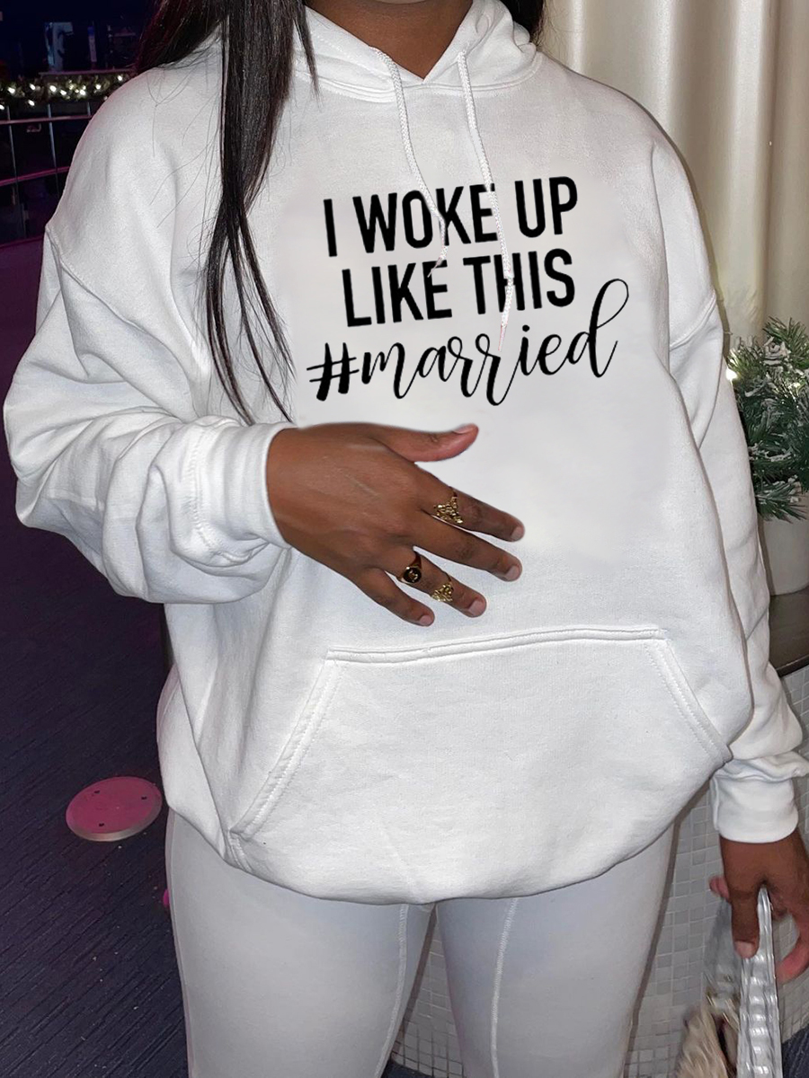 

LW BASICS Letter Print Kangaroo Pocket Hoodie, White