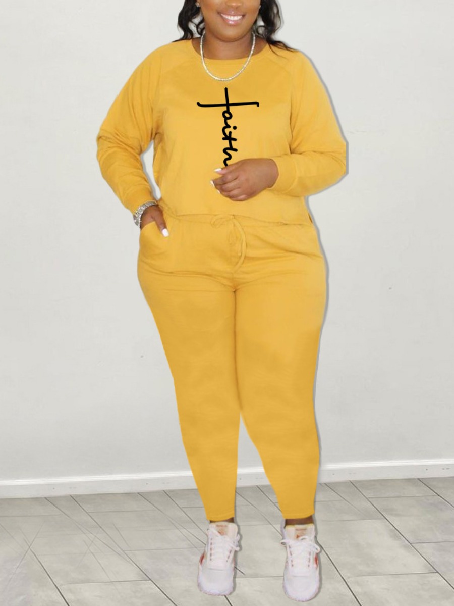 

LW Plus Size Letter Print Drawstring Pants Set, Yellow