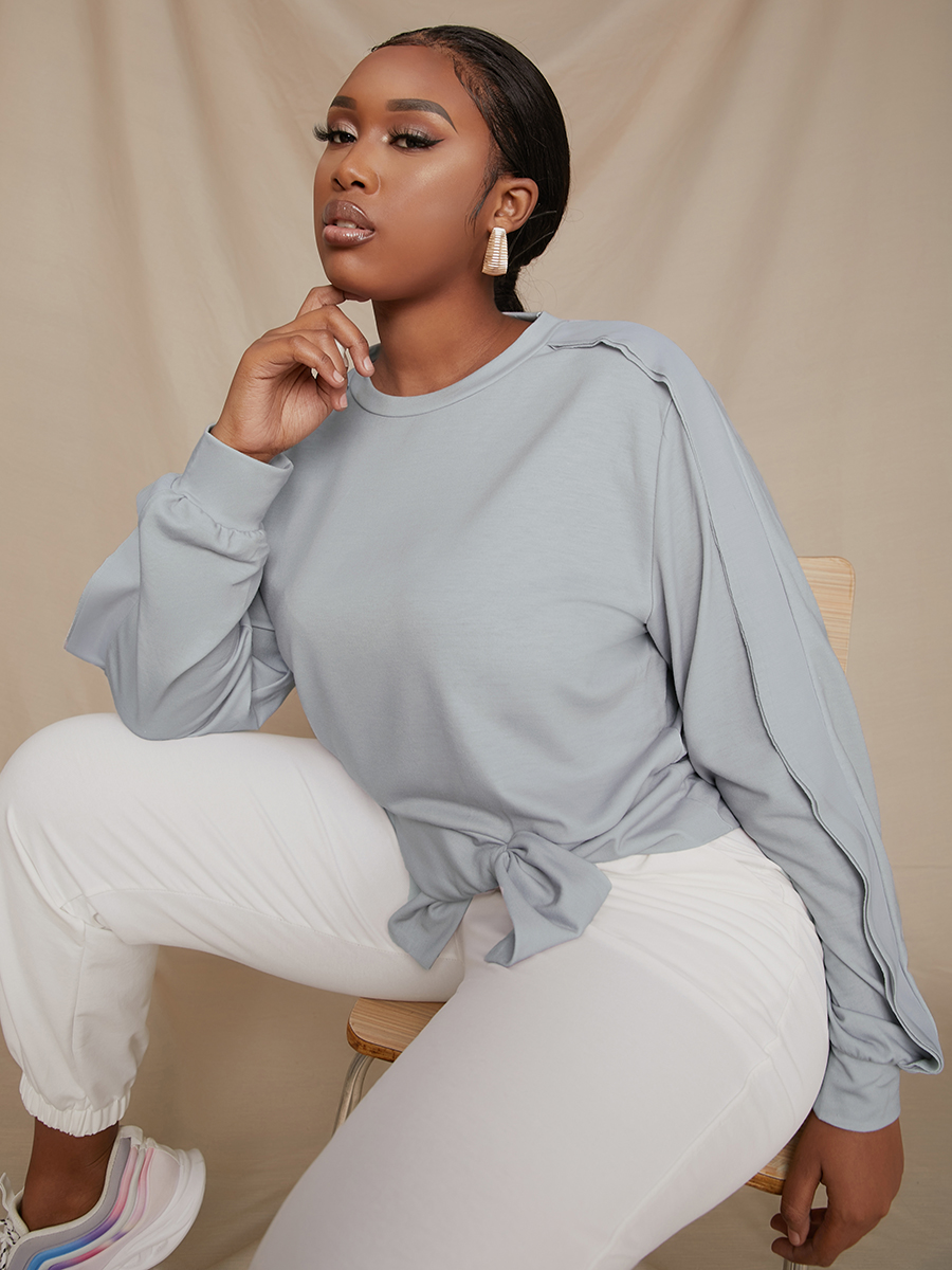 

LW Plus Size Round Neck Slit Hem Hoodie, Light grey