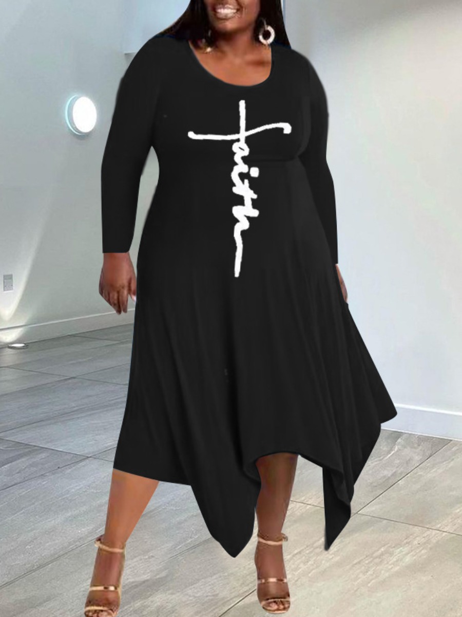 

LW Plus Size Faith Drawing Letter Print Asymmetrical Dress, Black